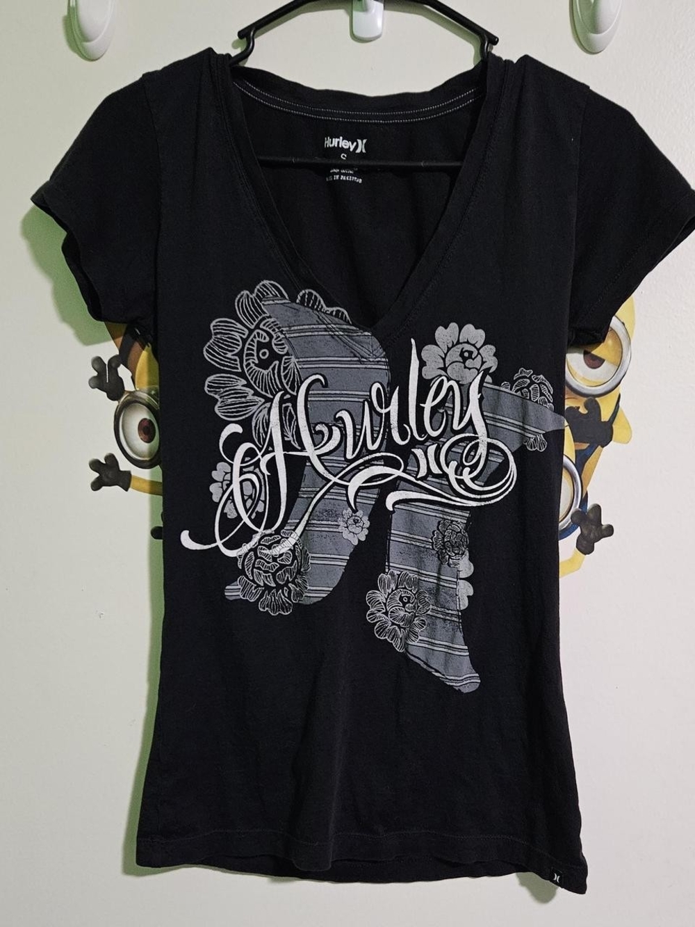 Hurley Women's Black V-Neck Graphic Tee with White Script